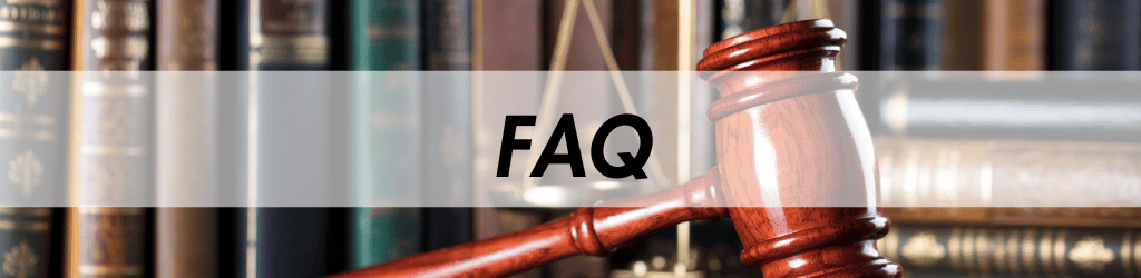 Gavel on a desk next to stack of books; text overlay: FAQ