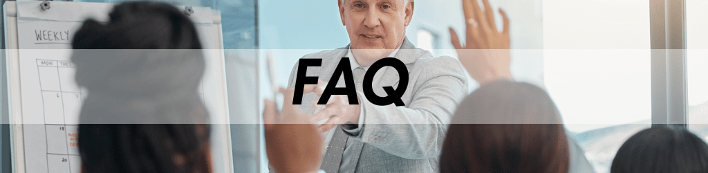 Man taking questions; text overlay reading 'FAQ'.