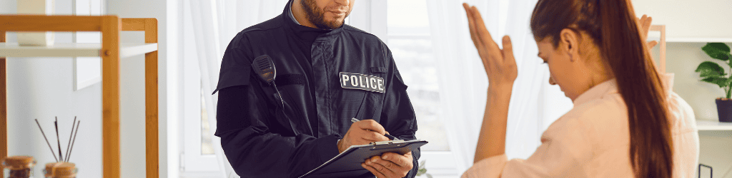 Policeman, officer police man in uniform, female witness interview, interviewing suspected criminal